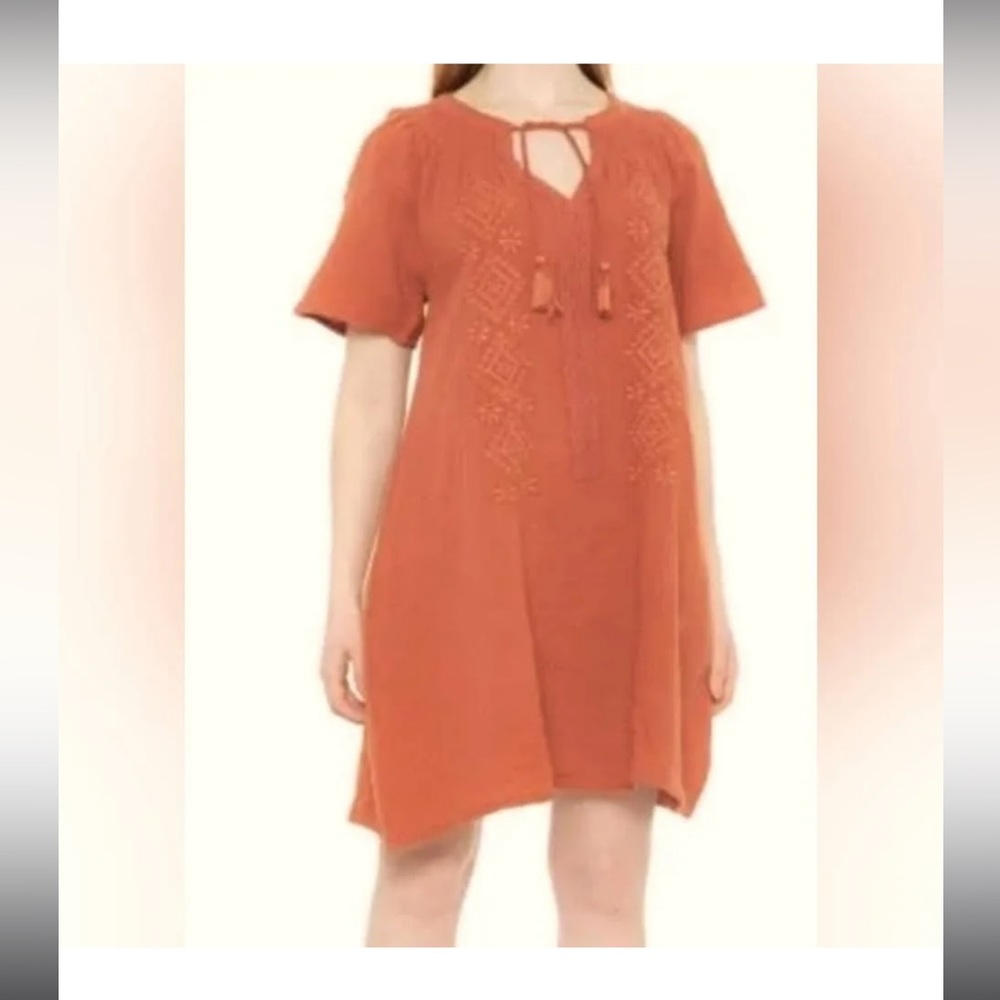 Lucky Brand Linen Embroidered Dress in Rust